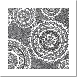 Black and White Henna Mandala Flowers Posters and Art